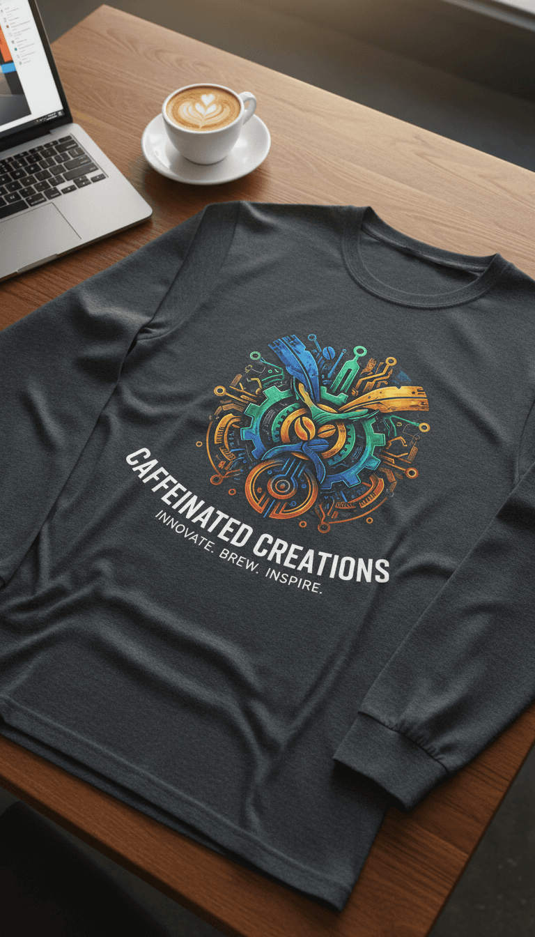 Custom printed business shirt with vibrant design on a table in a coffee shop setting