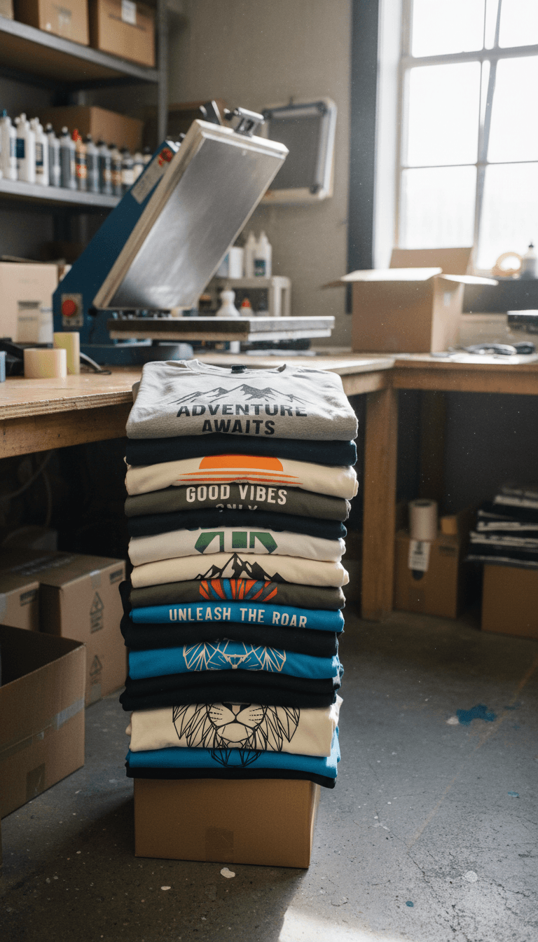 Stack of finished custom printed t-shirts in a print shop