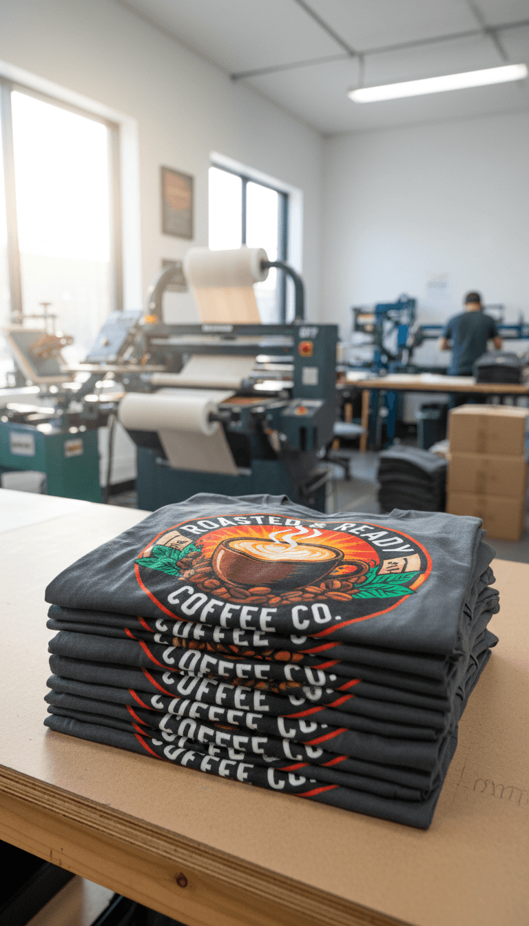 Stack of custom coffee-themed graphic t-shirts in a modern print shop
