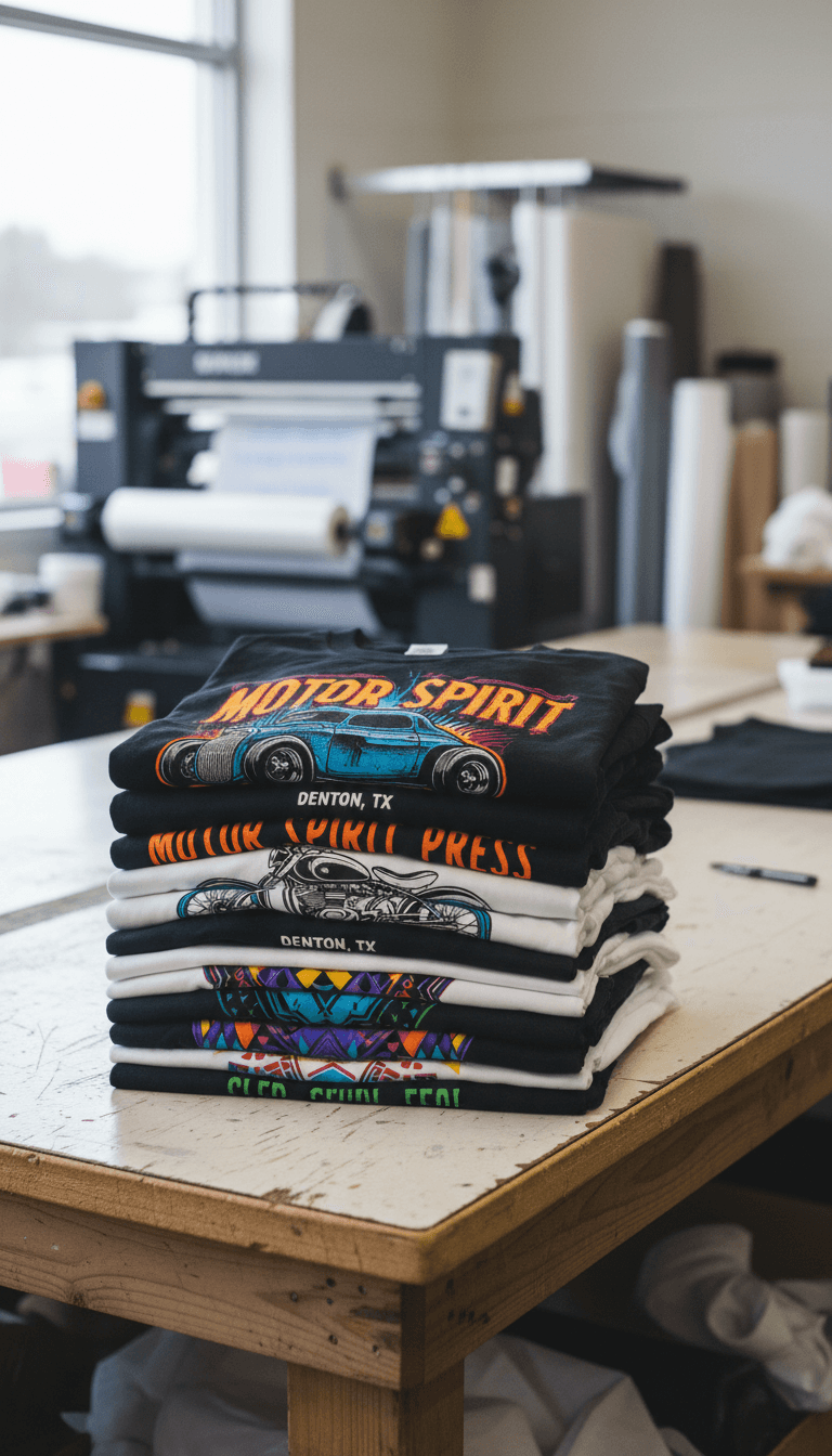 Finished custom printed t-shirts on a table in a Texas print shop with natural light