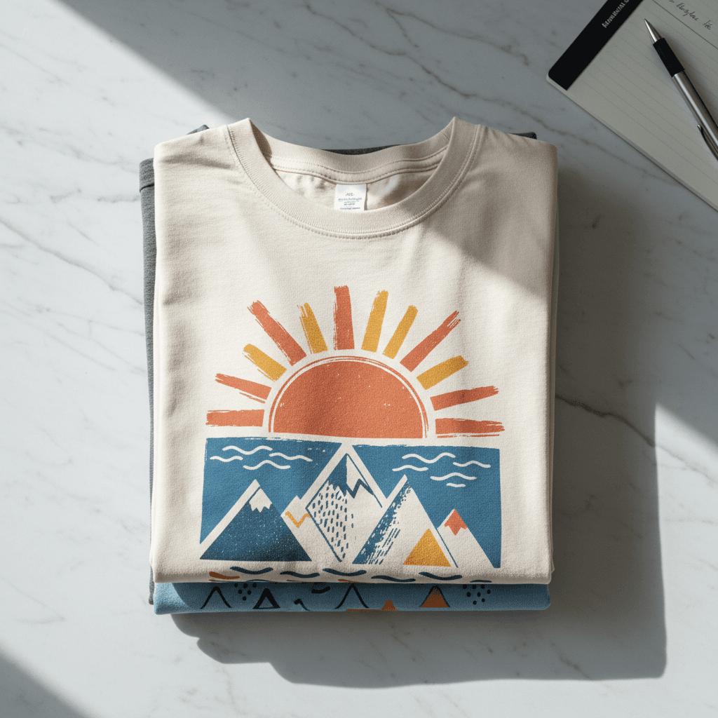 Overhead view of neatly stacked graphic printed t-shirts in various colors and designs on white marble surface with natural light