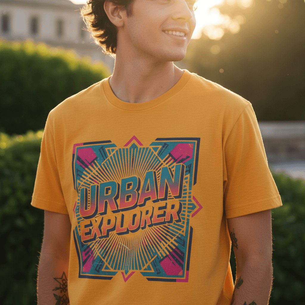 Person confidently wearing custom graphic t-shirt with distinctive logo design, captured in warm golden hour sunlight